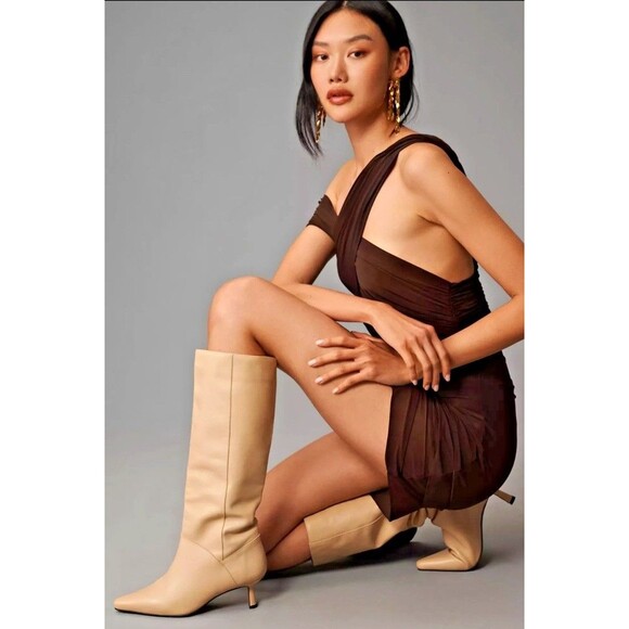 NWT ANTHROPOLOGIE KNEE HIGH POINTED TOE LEATHER KITTEN HEEL BOOTS LITE SAND 40 9 - Picture 3 of 14